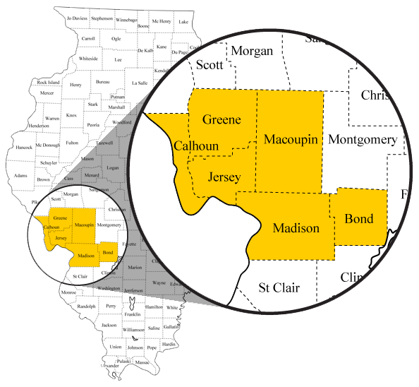 IMPACT CIL Service Area Map: Serving Calhoun, Greene, Jersey, Macoupin, Madison, and Bond Counties.